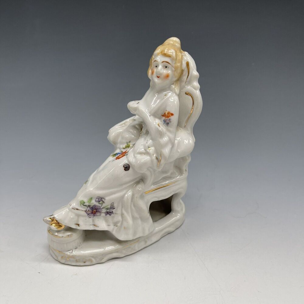 Vintage Hand Painted Made In Japan Red Ink Stamp Victorian Lady Figurine 5"‎